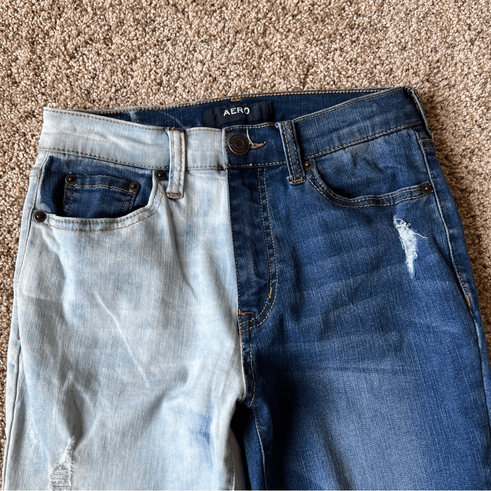 Aero Two Tone Split High Rise Distressed Skinny Jeans 2 Short