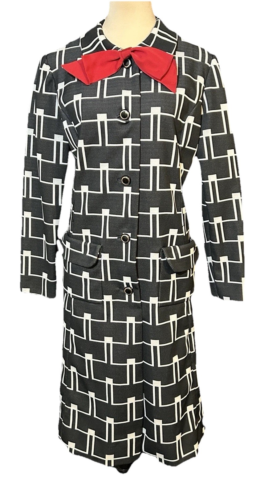 Vintage 1960s Leonard Arkin Paris Mod Op Art Geometric Print Shirtdress Sz 14