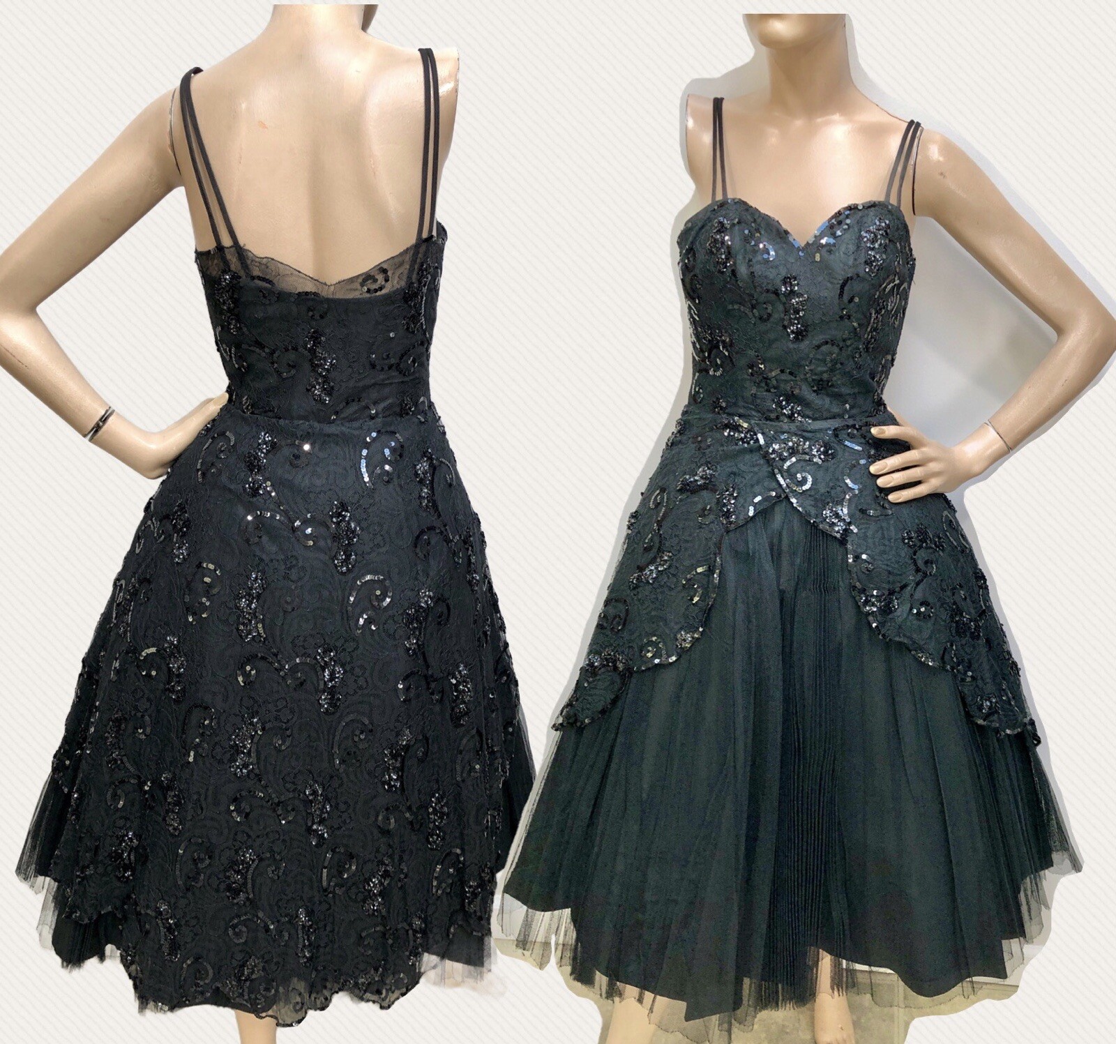 VTG 1950s Harvey Berin SEQUIN-LACE-TULLE SWEETHEART BODICE Cocktail Dress XS