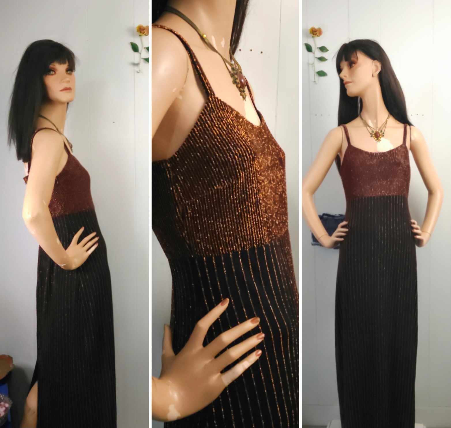 Vtg 90s Slip Dress Spaghetti Strap Mettallic Copper Black Maxi Cartise Grunge