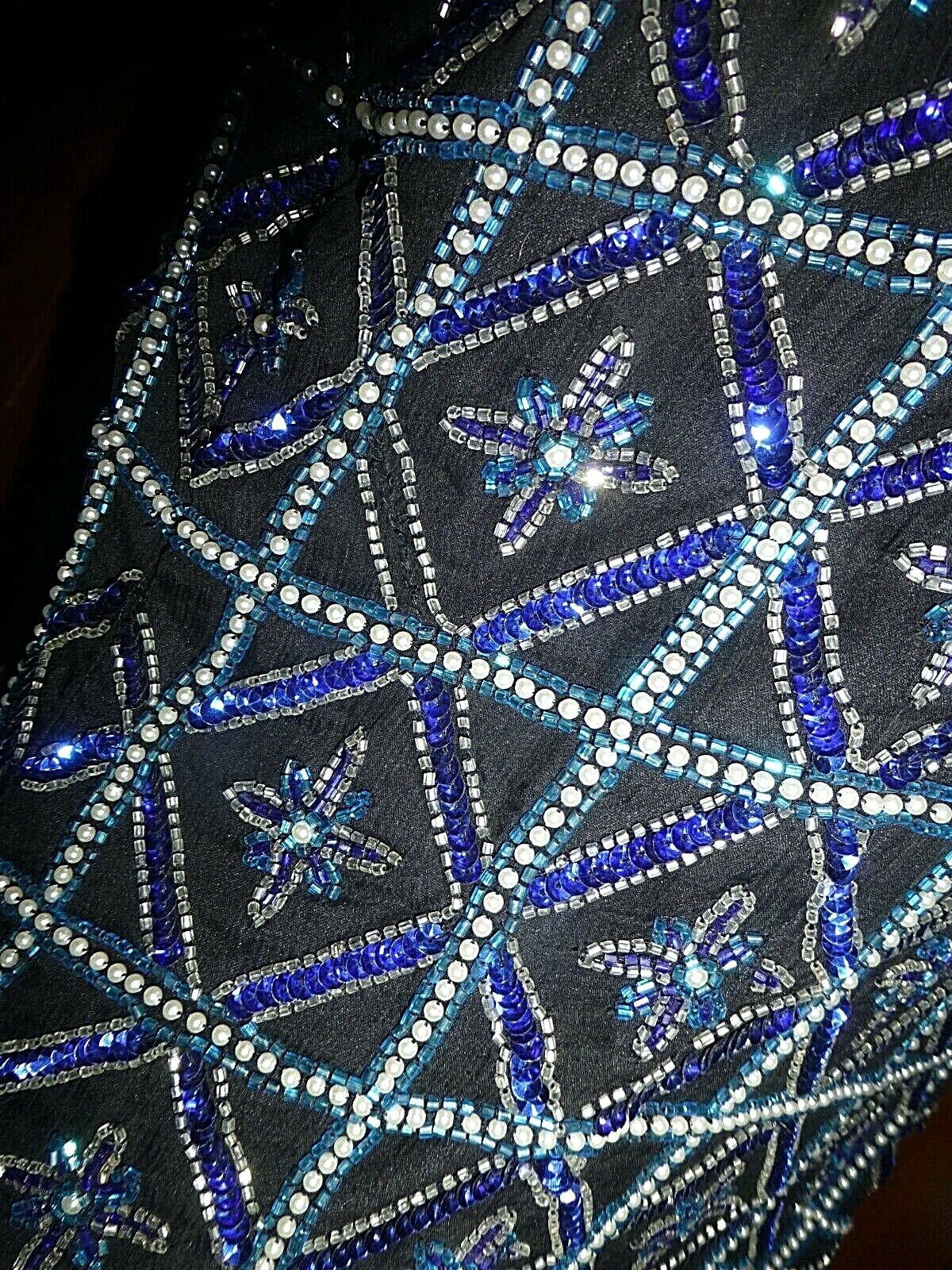 Vtg Royal Blue SEQUIN Beads Pearl Embroidered SILK Evening Party Top Blouse PL