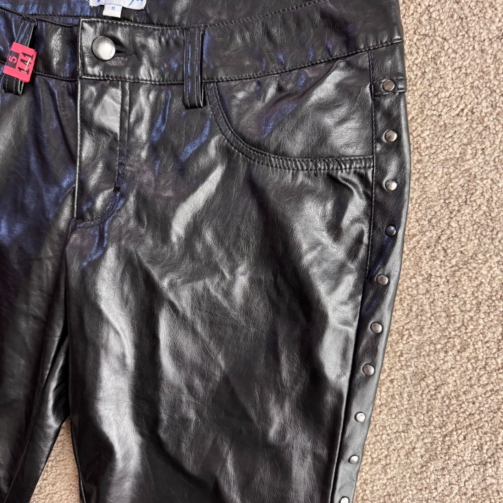 Vtg Blue bi You Faux Leather Studded Pants Womens 11 90s Y2K Moto Rave Goth