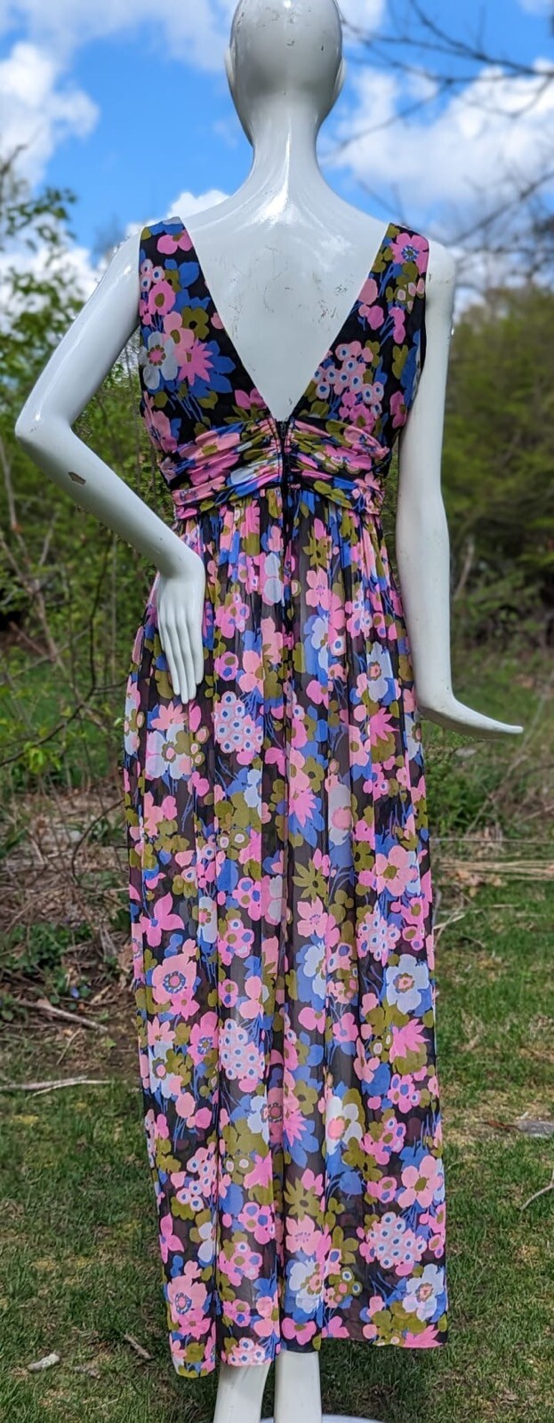 VINTAGE 1970’S FLORAL POLY CHIFFON LONG DRESS W BELTED WAIST