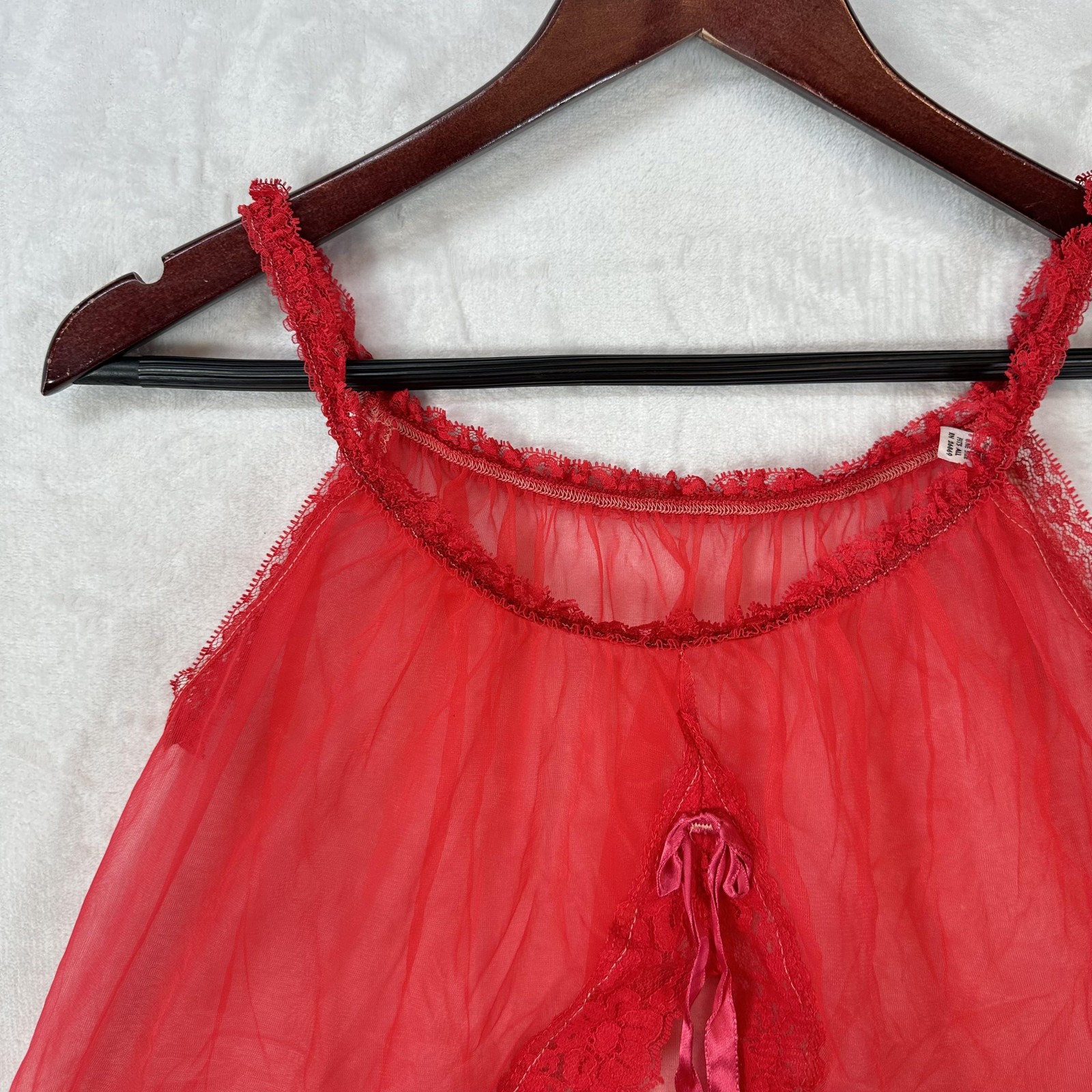 Vintage Exotique Top Womens OS Red Sheer Mesh Fur Trim Babydoll Lingerie 60s