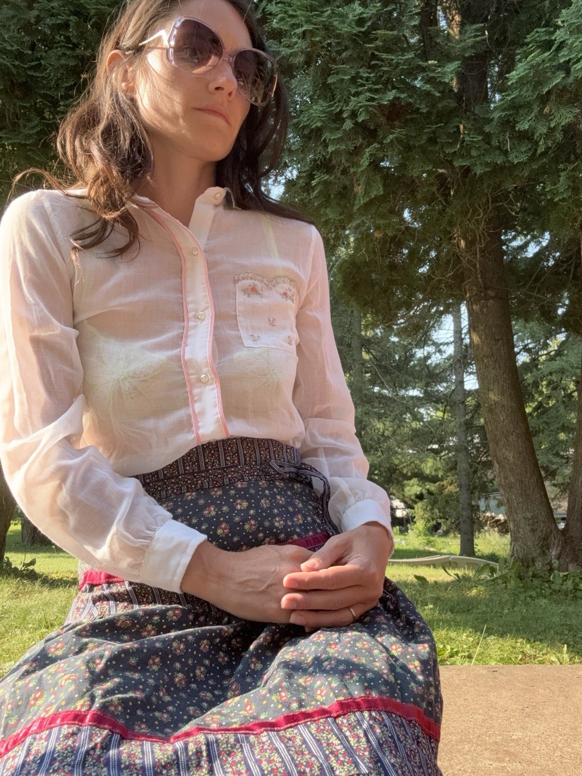 Vintage 70s Blouse Poly Cotton Semi Sheer Embroidered Cottagecore Coquette S
