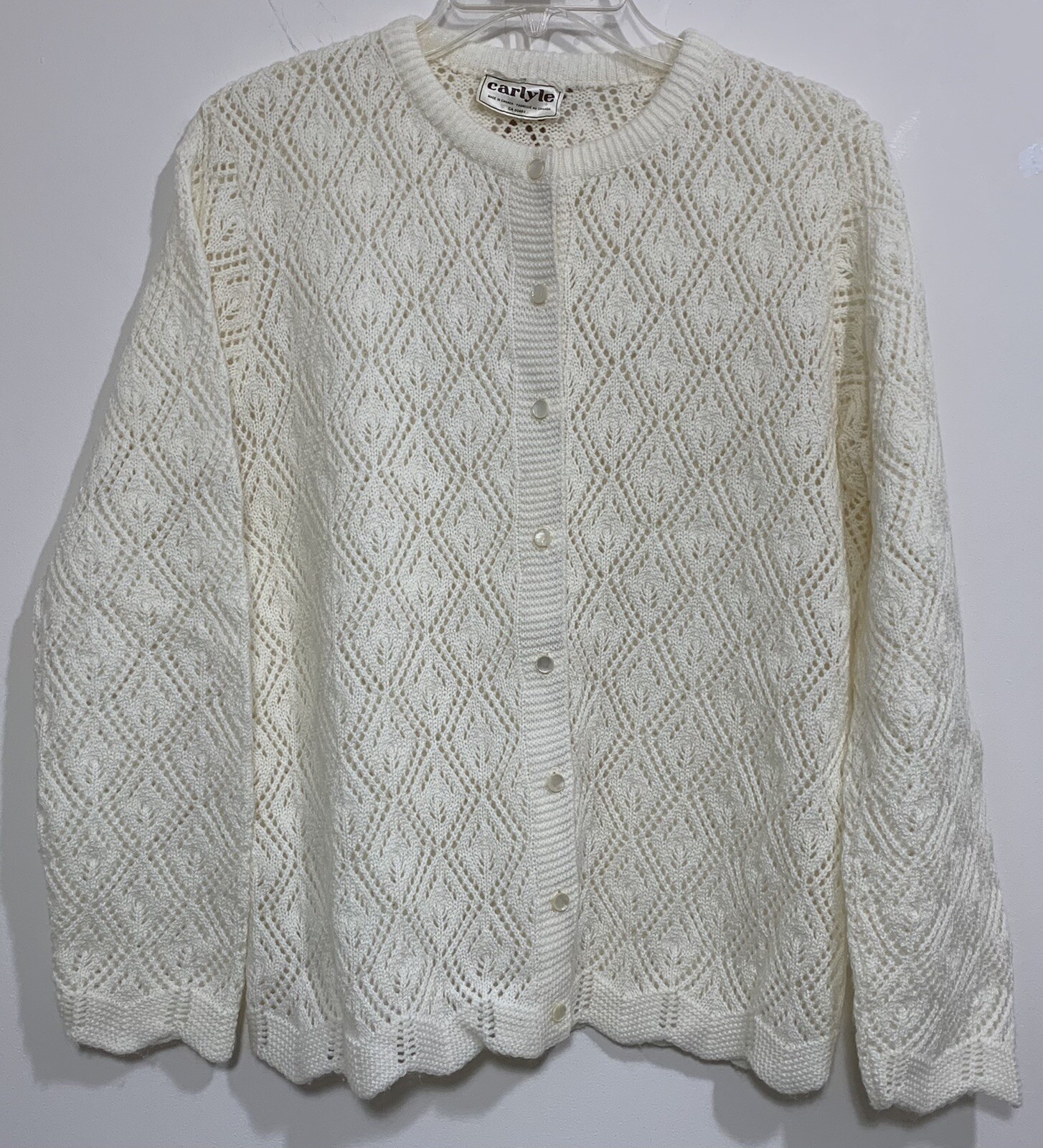 Vintage Carlyle Womens Sweater L 100% Acrylic Ivory Knit Cardigan Pearl Button