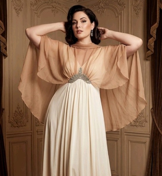 1960s Vintage Chiffon Cape Gown Size 14 / 16 Glass Beaded Wedding Dress Couture
