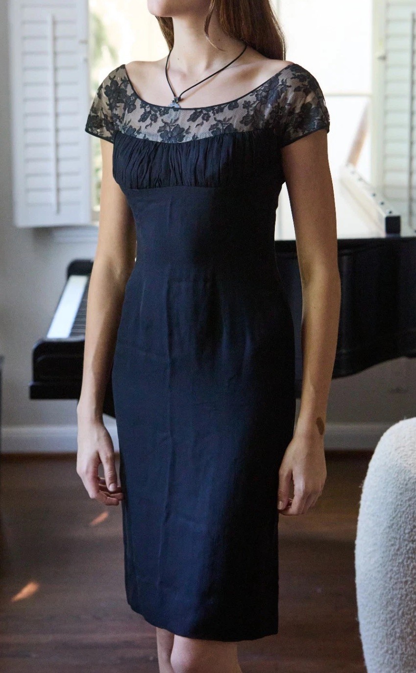 Vintage 50s XS 100% Silk Chiffon Dress Chantilly lace top Black