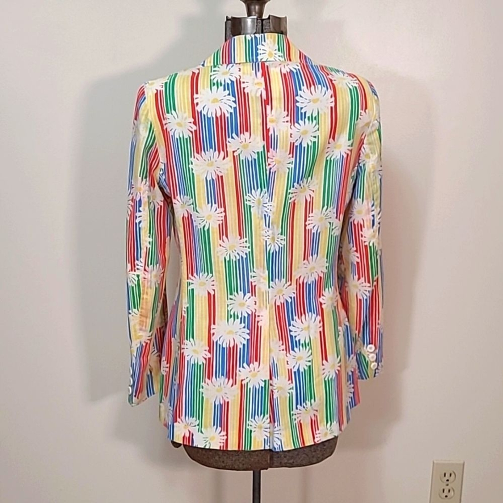 1970s Ah! Austin Hill Blazer Jacket Rainbow Stripes & Daisies Print 10 Pride Mod