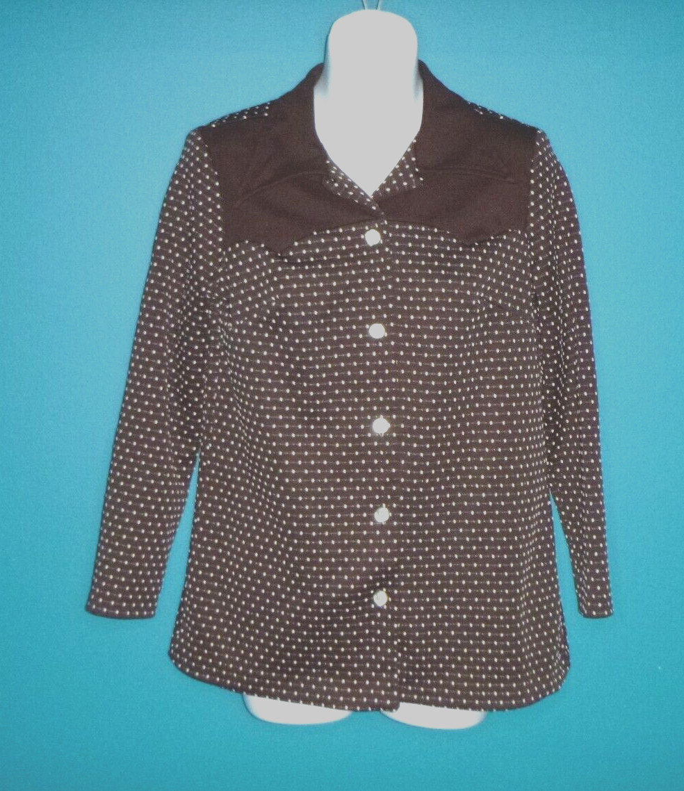 Vtg 60s 70s MOD Polyester Knit Shirt Jacket Brown White Dots Big Collar Sz S/M