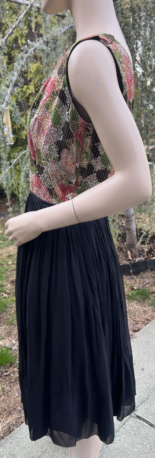 VINTAGE 1950’s 60’s BLACK DRESS W/ MULTI-COLOR METALLIC BODICE & CHIFFON SKIRT