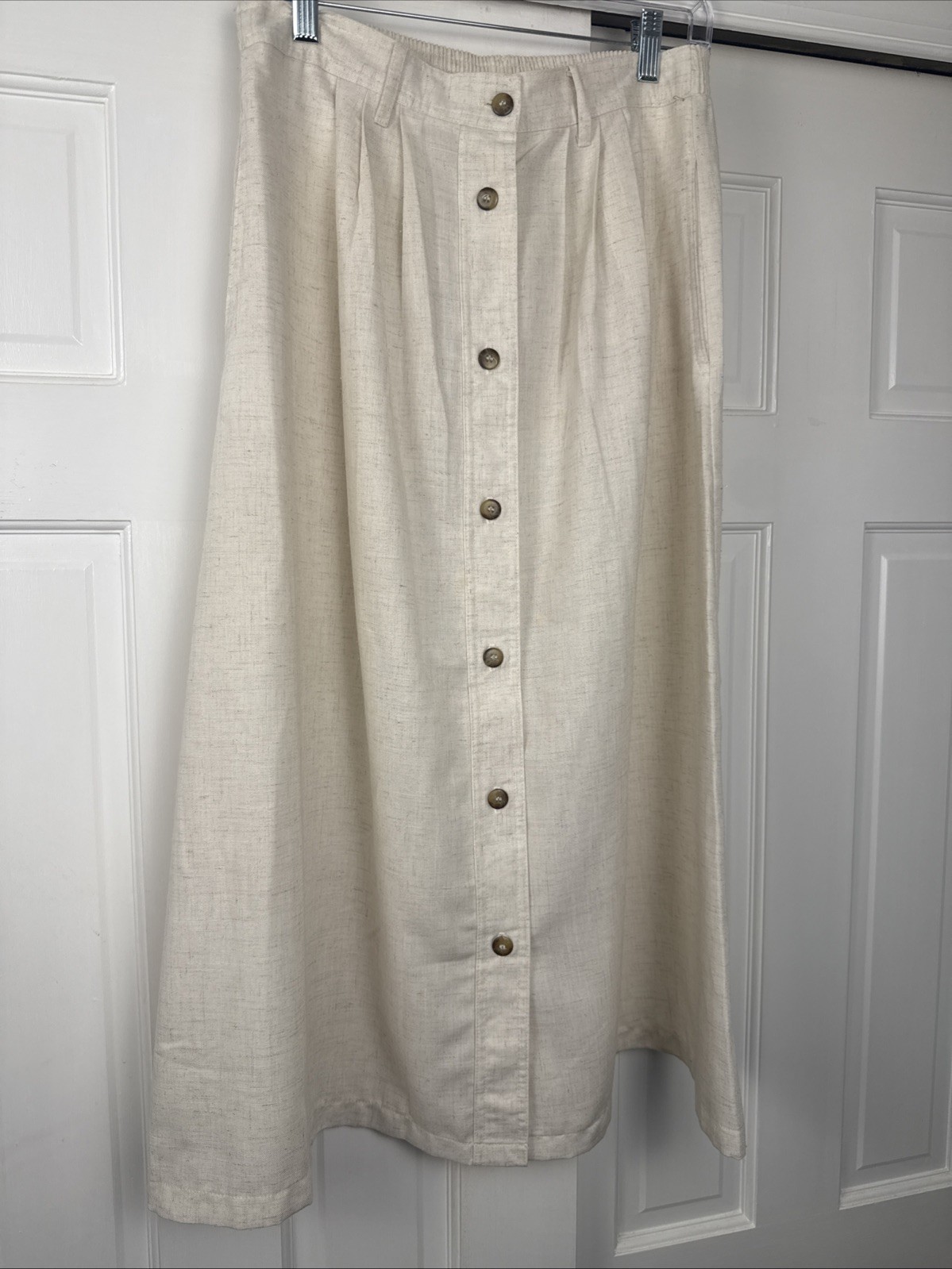 Vintage 70’s Aline Button Up Skirt Size 12 Pockets Beige White Preppy Coastal