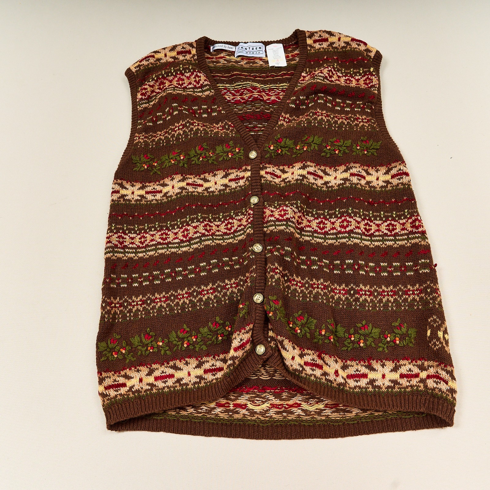 Vintage Jantzen Hand Embroidered Sweater Vest Cotton Ramie Stripes Floral Sz 1X