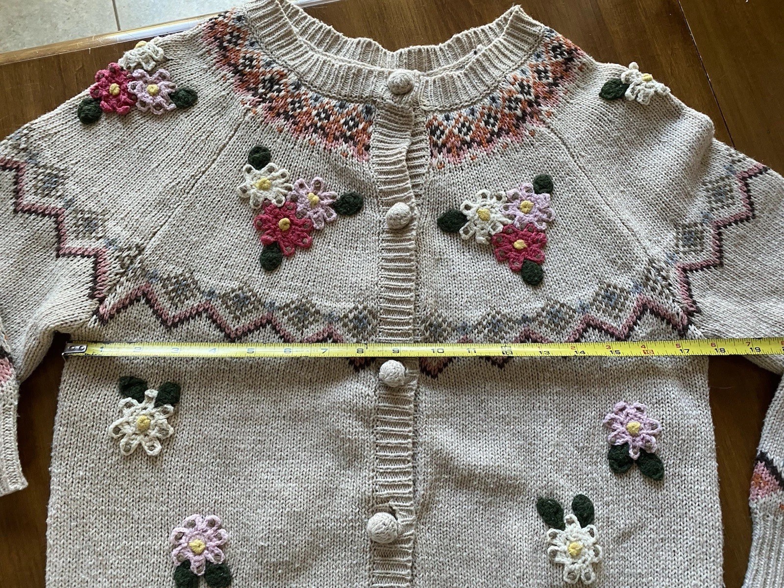 Cardigan Sweater Vintage Knitted Floral Off White Cream Color