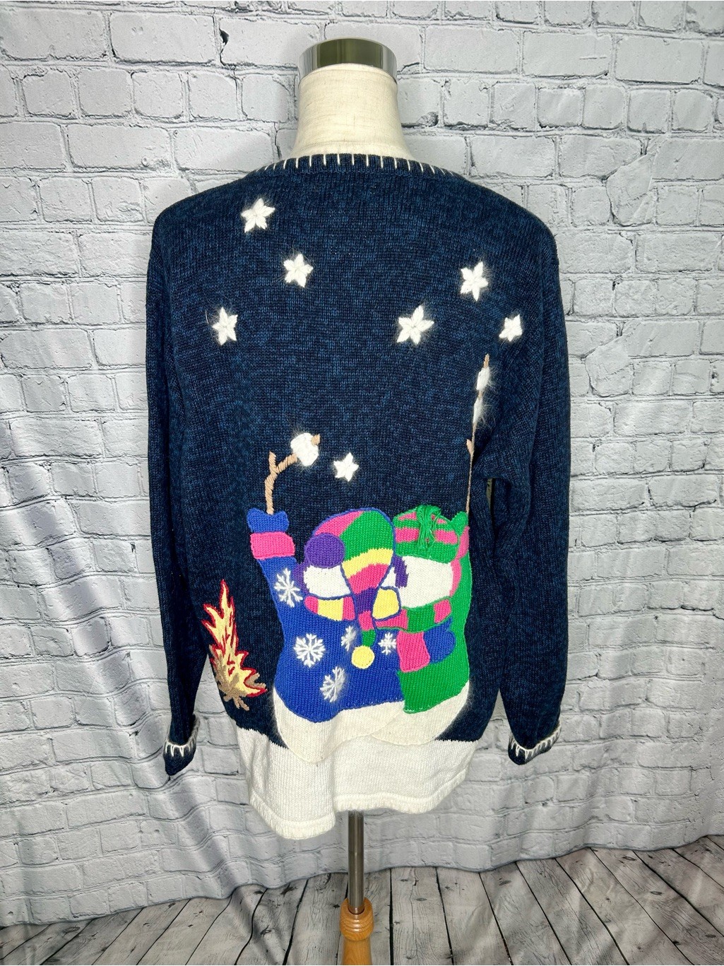 Grandma Eclectic Snowman Vintage Cardigan Navy Blue Knit Button Front