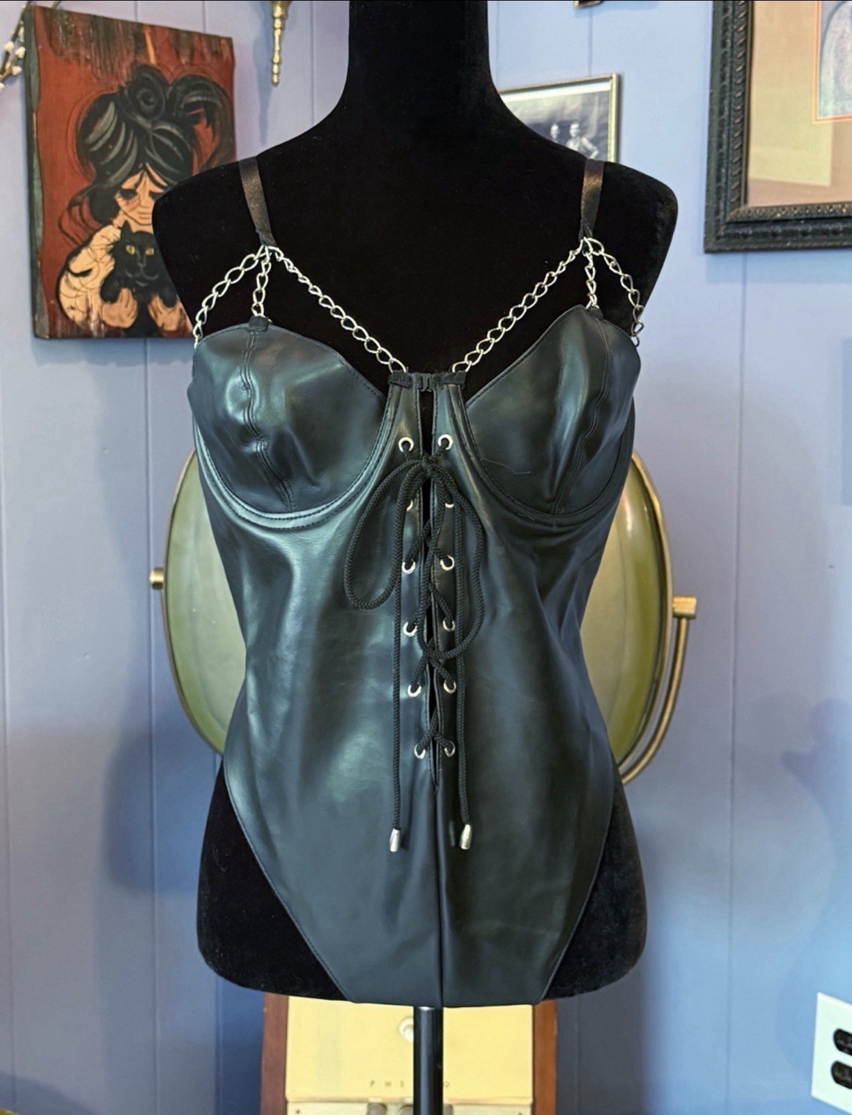 Vtg 90s Intimate Attitudes Faux Leather Goth Punk Babydoll Nightwear Bodysuit