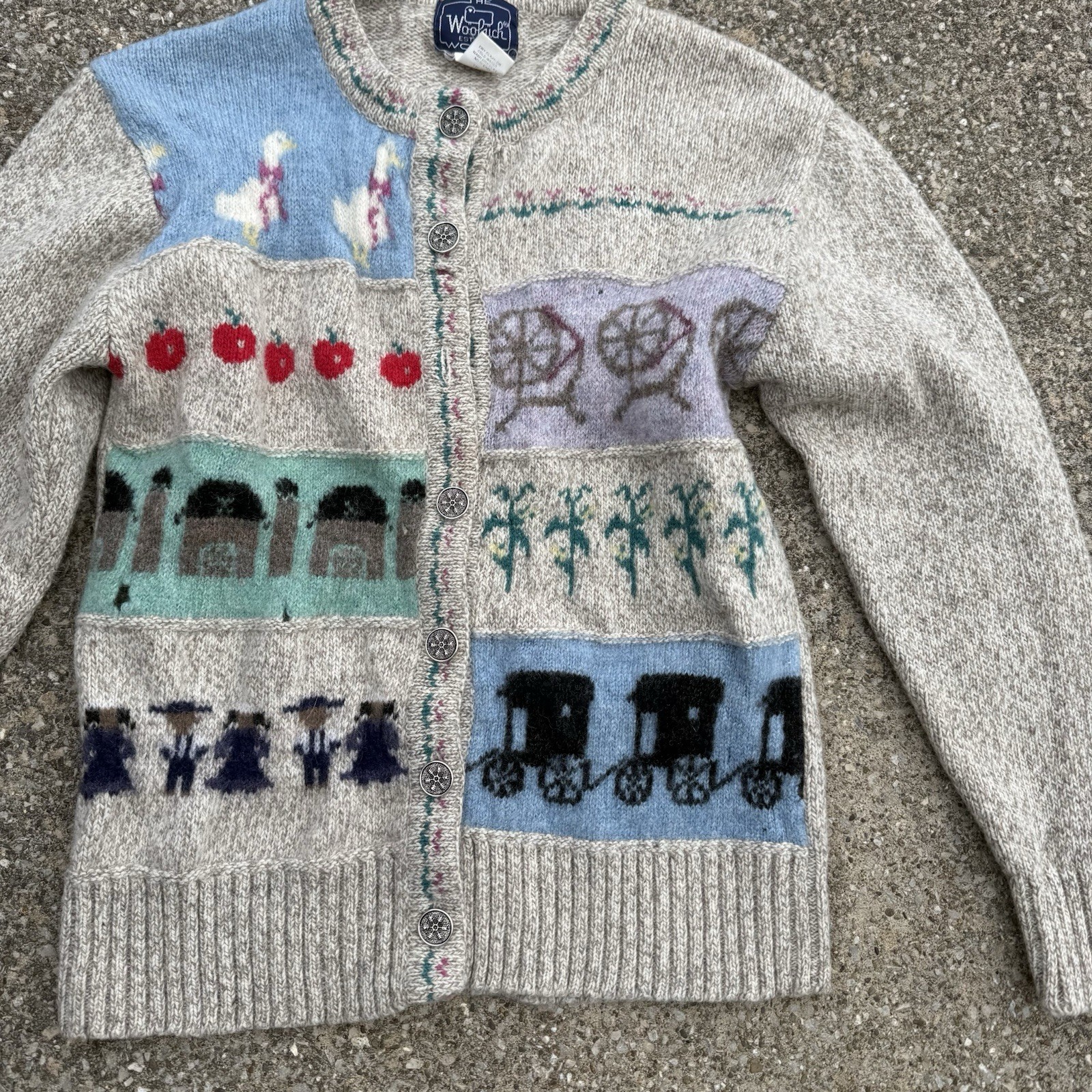 VTG 80s Woolrich Novelty Sweater Amish Farm Spinning Wheel Wool Sz S Buggy Goose