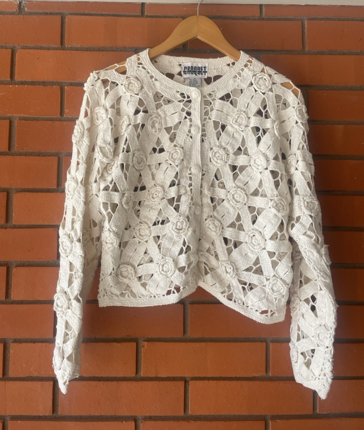 VTG. CROQUET CLUB Women’s Ivory Crocheted Cardigan Sweater Cottagecore Size M