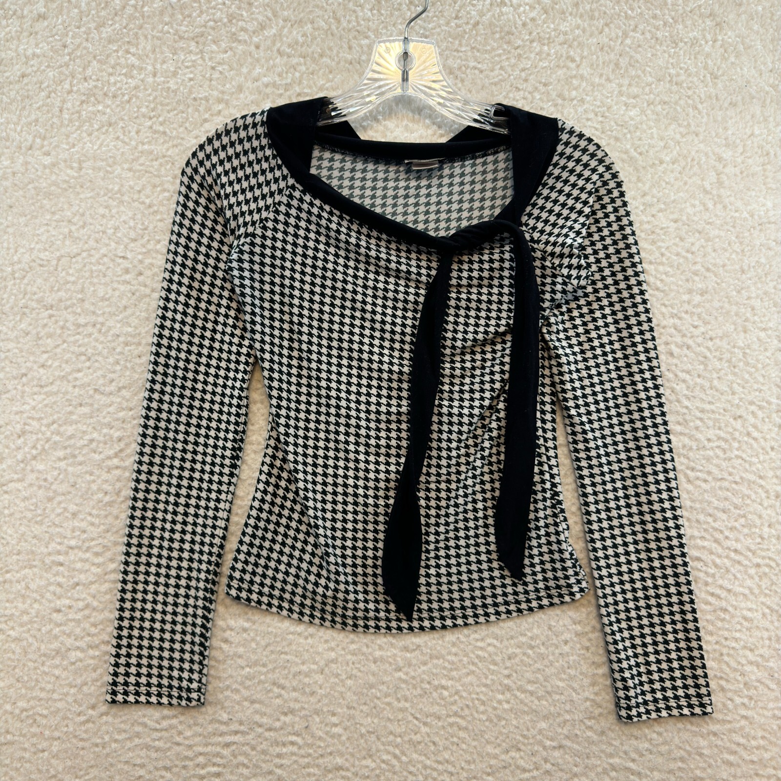 Y2K Vintatge Top S Small Black White Slinky Stretch Houndstooth Preppy Corpcore