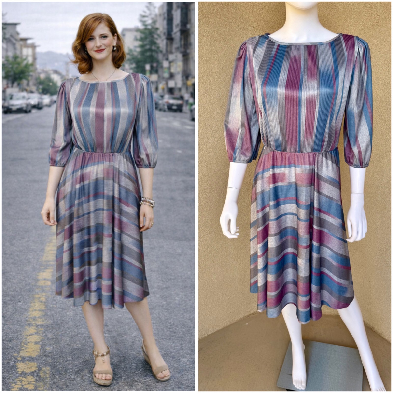 Vintage 70s Monochromatic & Muted Tones Striped Dress