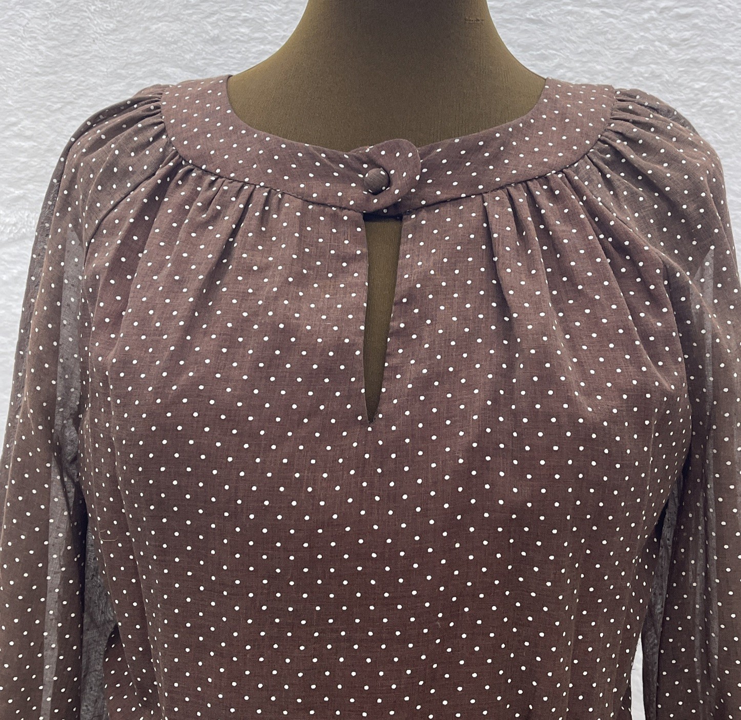 Vtg Brown White Swiss Dot Sz 12 Fit/Flair Long Sleeve Sheer Lined Twirl Retro
