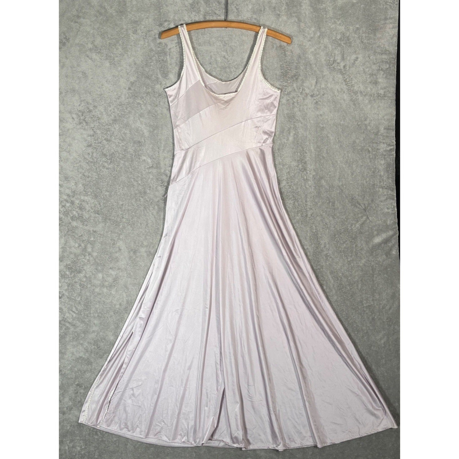 Vintage Lavender Satin Maxi Slip Dress Lace Trim Purple Ethereal Dainty Size S