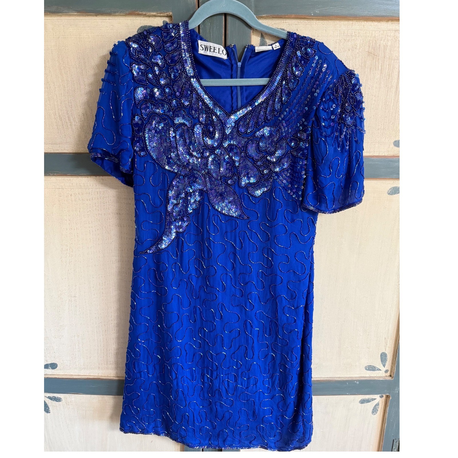 Sweelo Vintage Silk Beaded Sequin Dress Royal Blue Floral Cocktail L 10-12 Glam