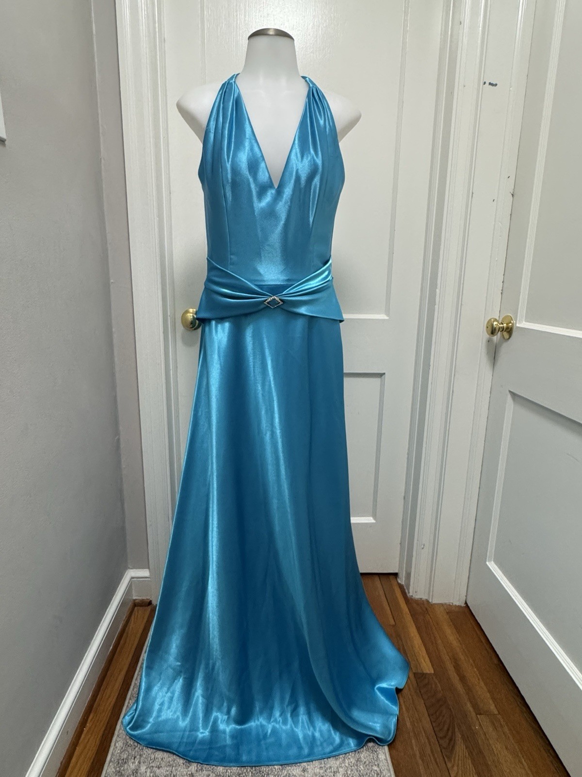 VTG Jessica McClintock Gunne Sax Y2K Satin Halter Gown Dress Prom Blue Teal 9/10