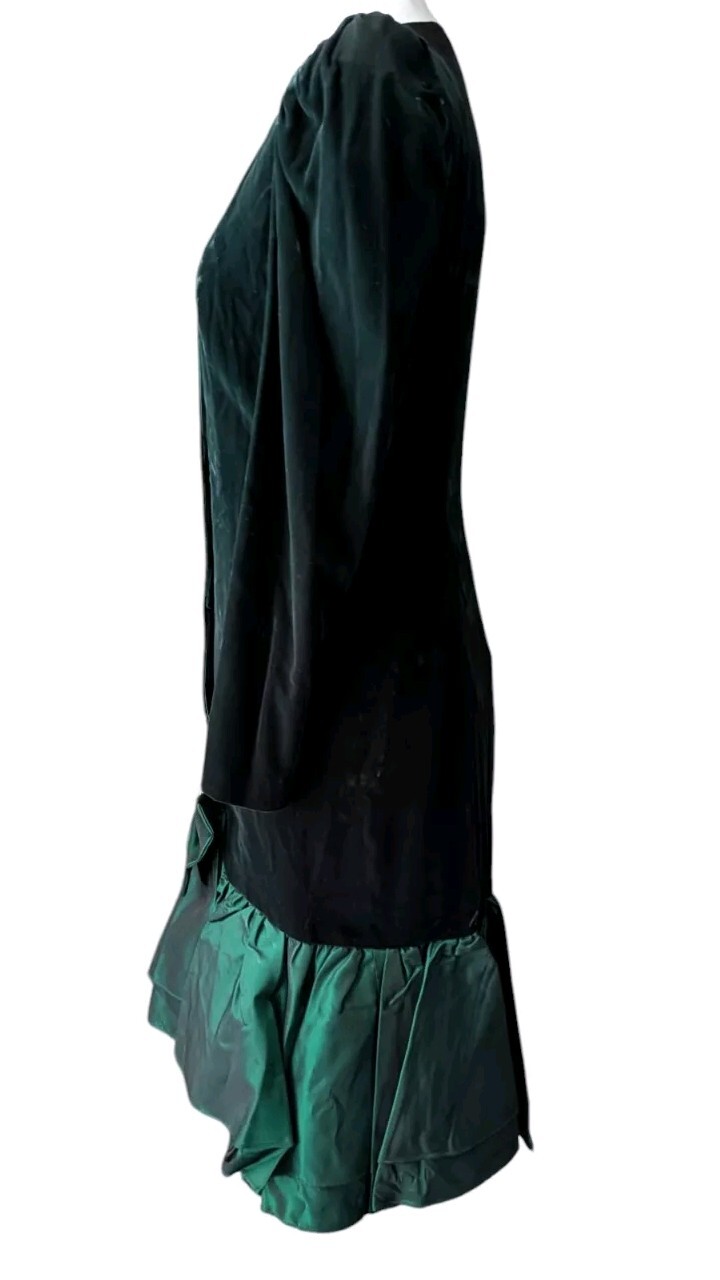 Vtg 80s En Francais Huey Waltzer Emerald Velvet Taffeta Dress Rhinestone Peplum