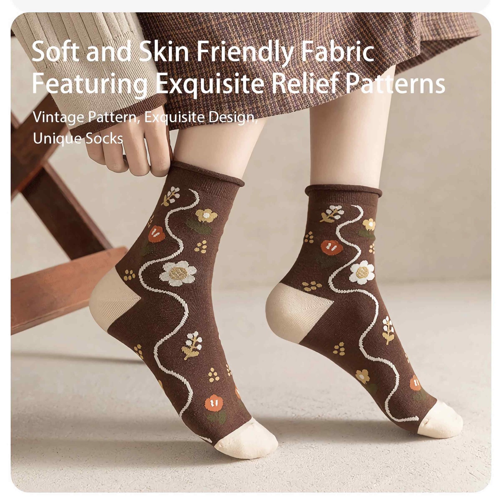 Lefe Liee Cute Vintage Cottagecore Socks – Women’s Autumn 5.5-8.5, Khaki