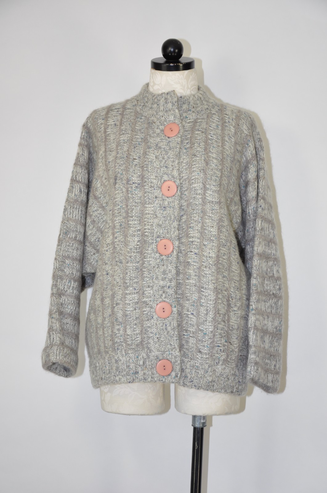 80s Vintage Gray Fuzzy Wool Mohair Buttoned Cardigan Sweater Jacket Women L XL