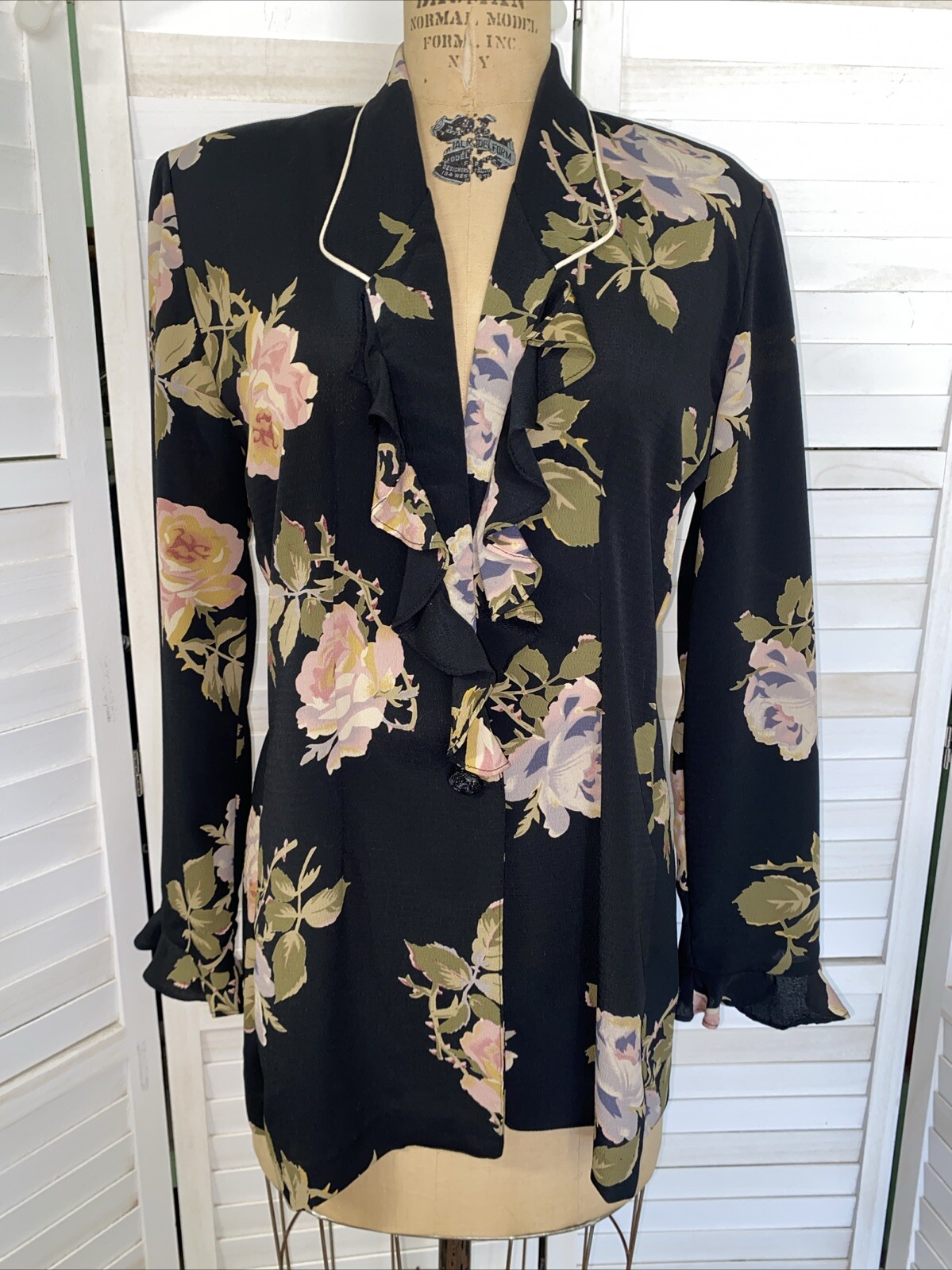Vintage 80s Connie Anderson Audio Rayon Blazer Shrug Coat Floral Flutter Large