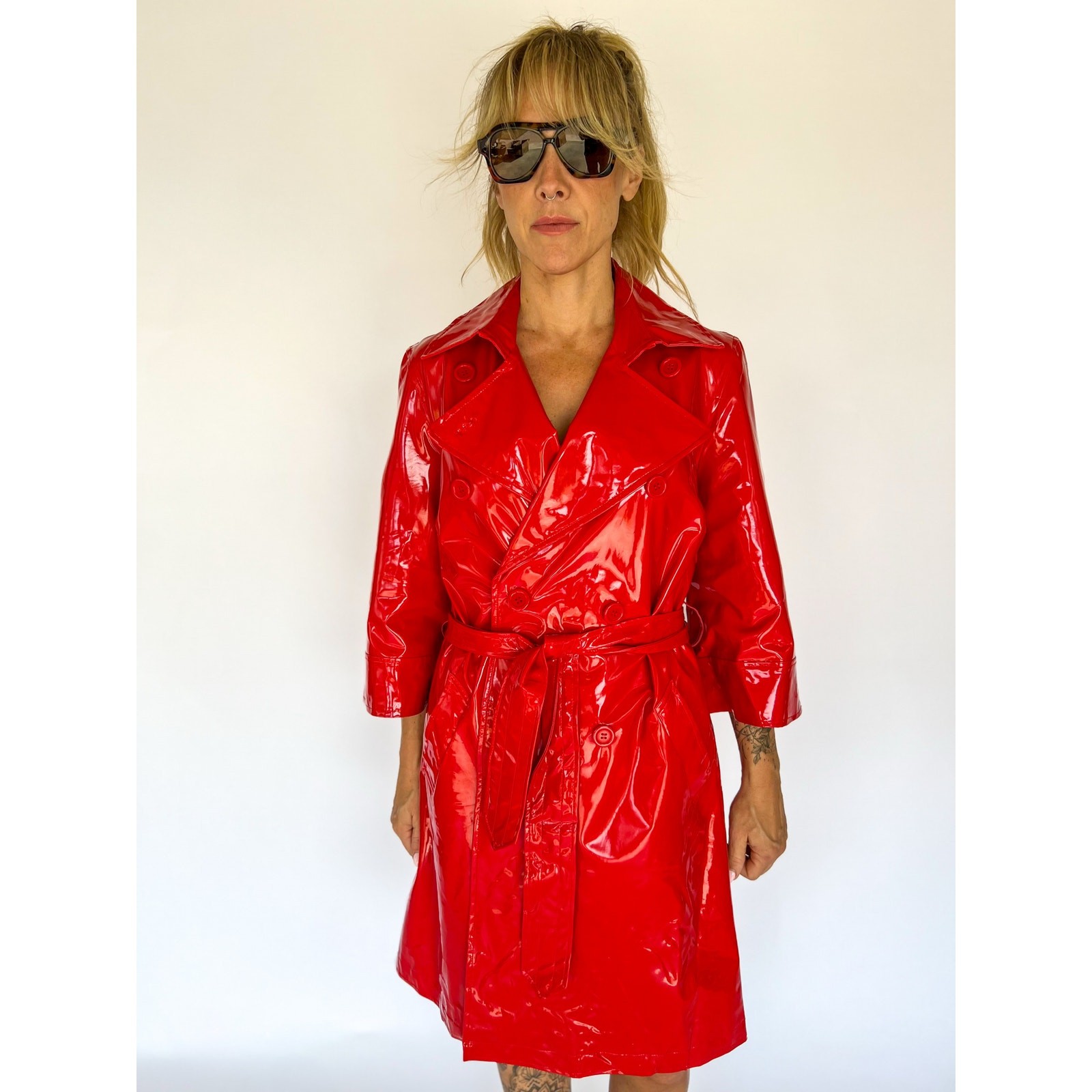 VTG 80s Red Patent Trench Coat Vinyl PVC Glossy Belted Mod Rain Jacket
