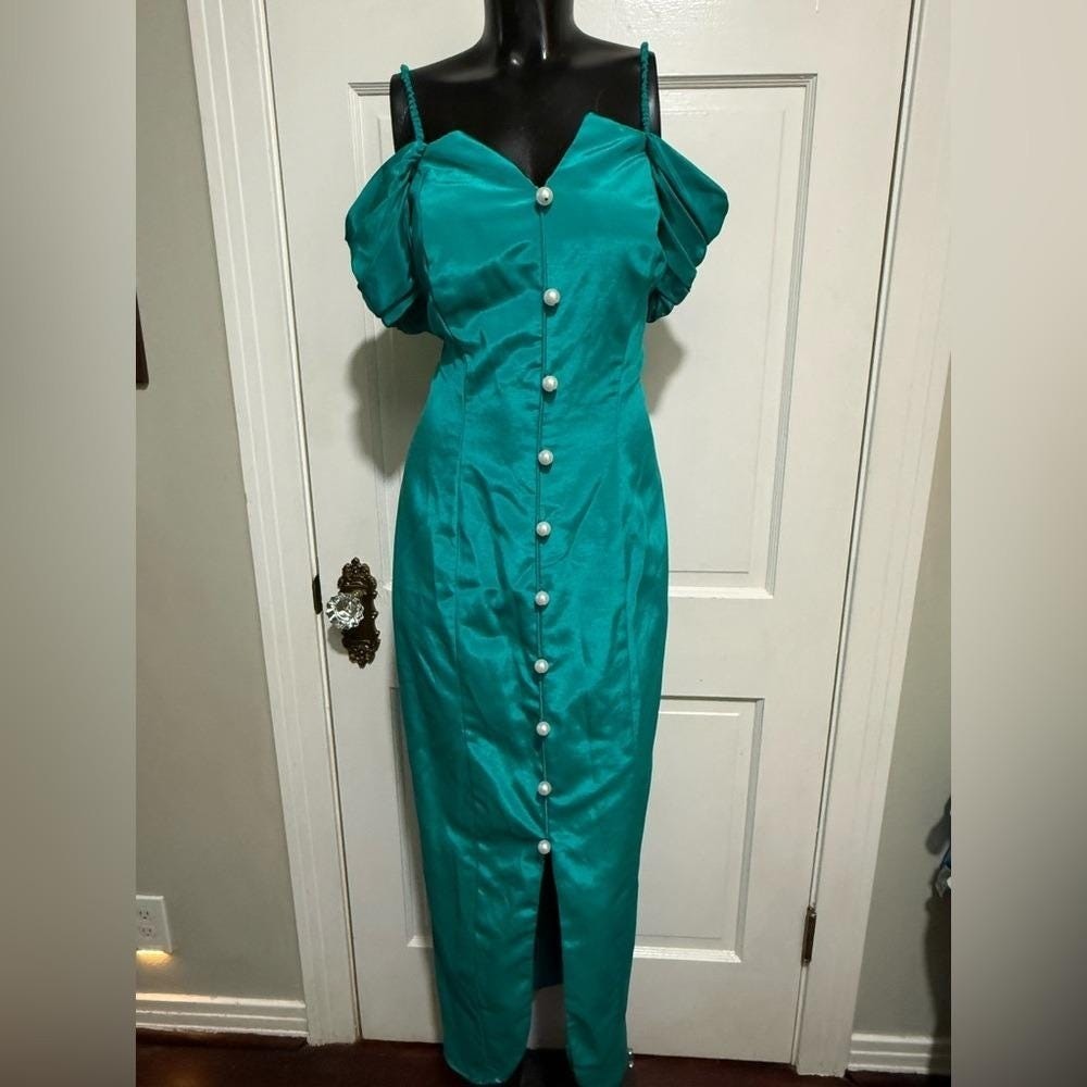 Vintage Teal Off Shoulder Womens Dress Pearl Long Green Size 14