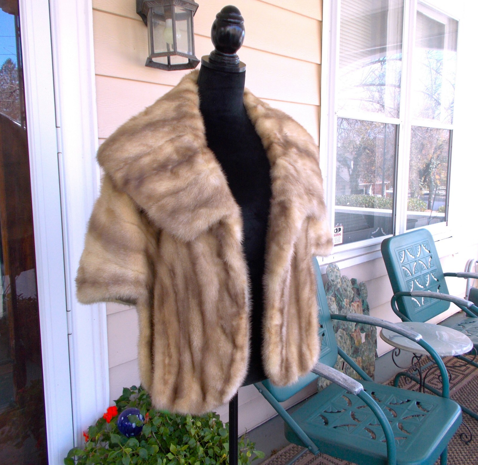 Vintage Light Champagne Honey Blonde Fur Mink Stole Cape With Wide Collar M-L