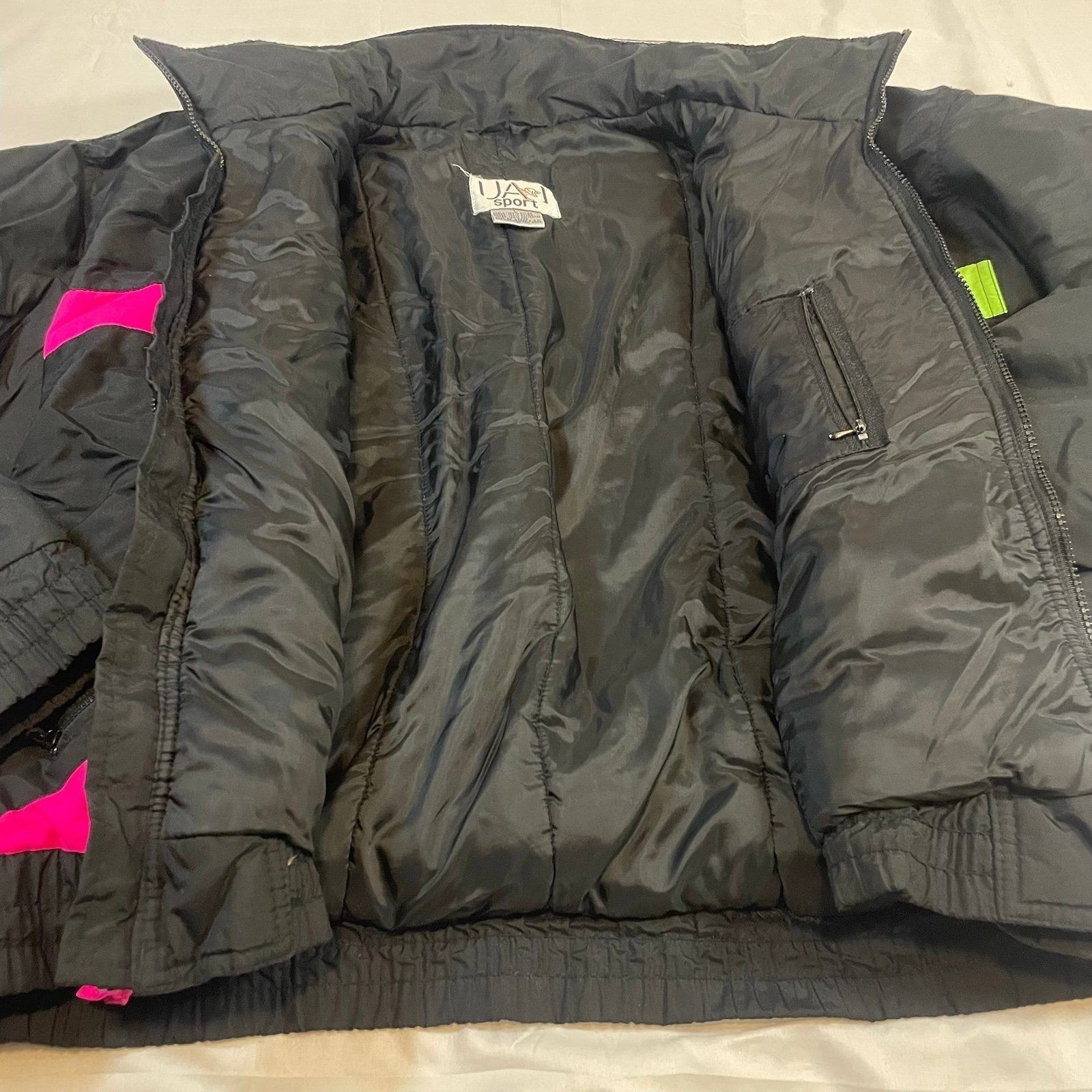 Vintage UA Sport Neon Puffer Jacket Womens Large Black Pink Green 80s 90s Retro