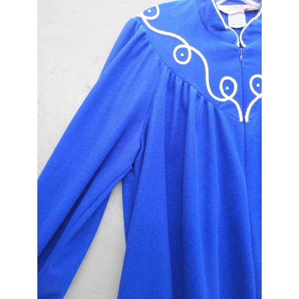 Evelyn Pearson Robe House Coat M Blue Vintage Zip Front Embroidered Maxi Lounger