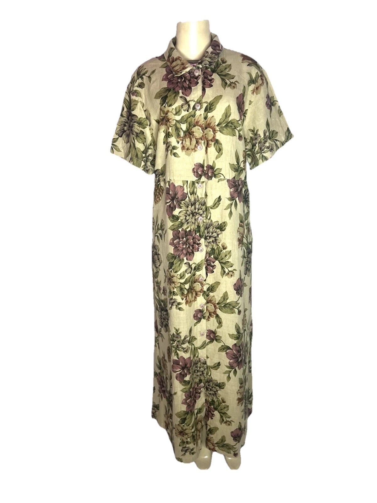 VINTAGE HOT COTTON BY MARC WARE 100% LINEN TAN FLORAL BUTTON DOWN SHIRT DRESS XL