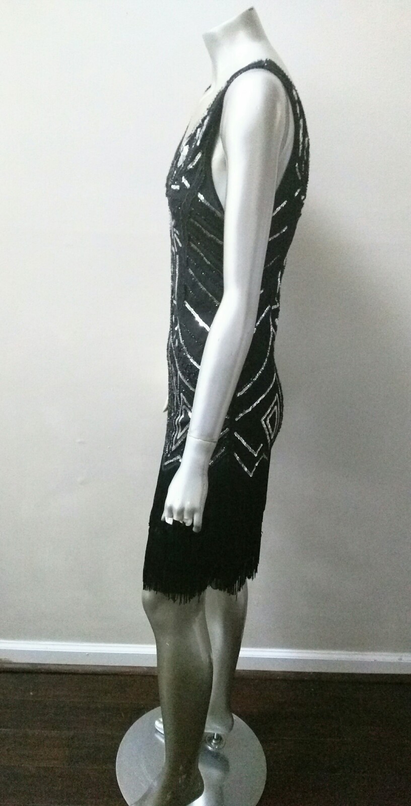 EMBROIDERED SILVER SEQUINS & BEADED OP ART TIERED FRINGED MOD FLAPPER DRESS S/M