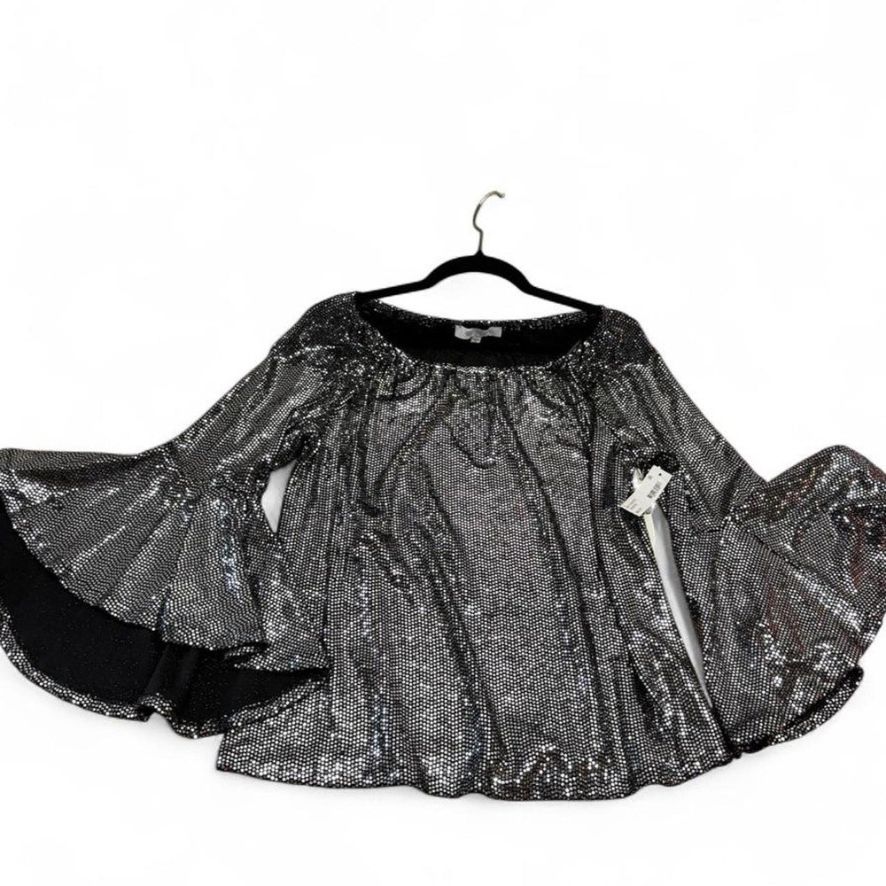 NWT Fever „Disco Dream” Glitter Dot Tulip Bell Sleeve Blouse – Size Large