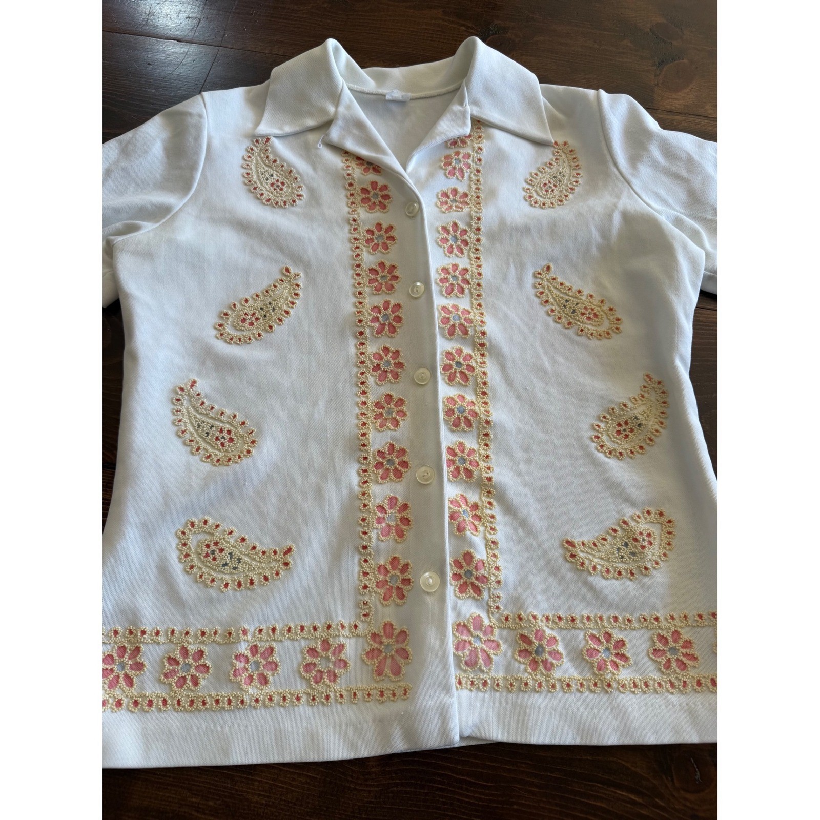Vintage White Floral Paisley Button Up Shirt Pink Orange Embroidery Retro Top