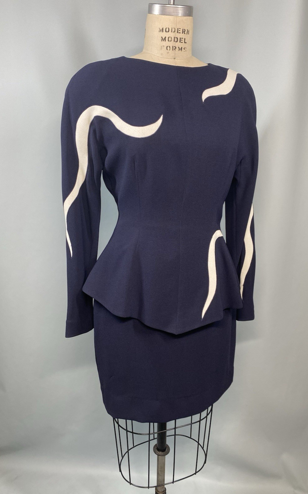 BICCI Vintage Dress SIZE LARGE 10 NAVY blue classic peplum long sleeve 80s 90s