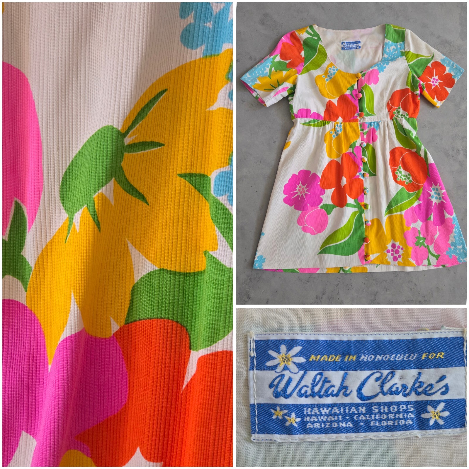 Vintage 1960s PSYCHEDELIC Floral Mini Waltah Clark Muumuu HAWAIIAN Dress TIKI