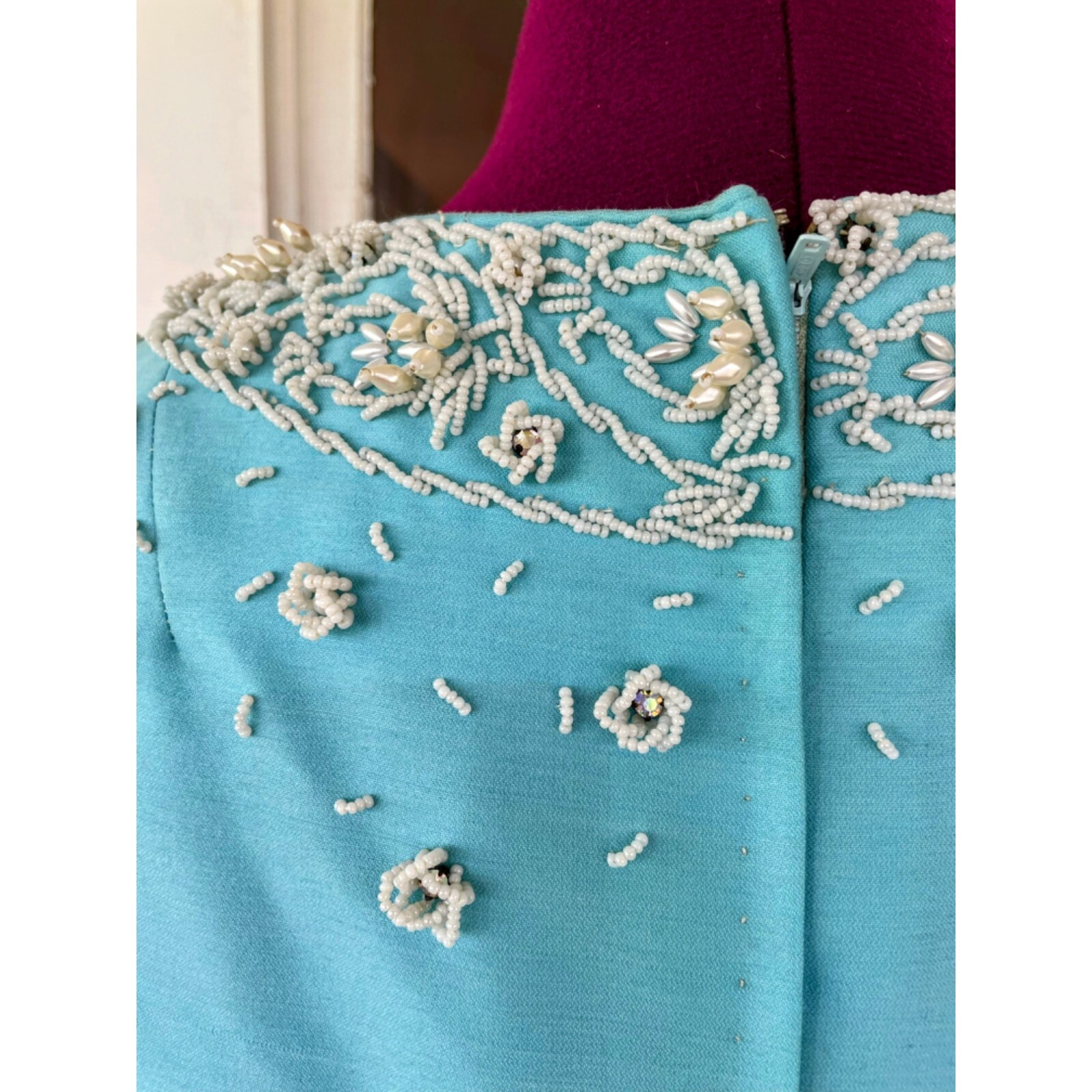 Vintage 1960s Blue Heavy Beaded Silk/wool Blend Midi Dress