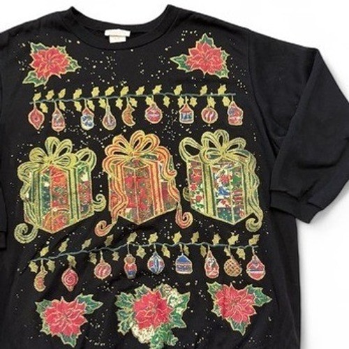 Vintage 1x Roamans Christmas Black Presents Poinsettias Ornaments Holiday Top