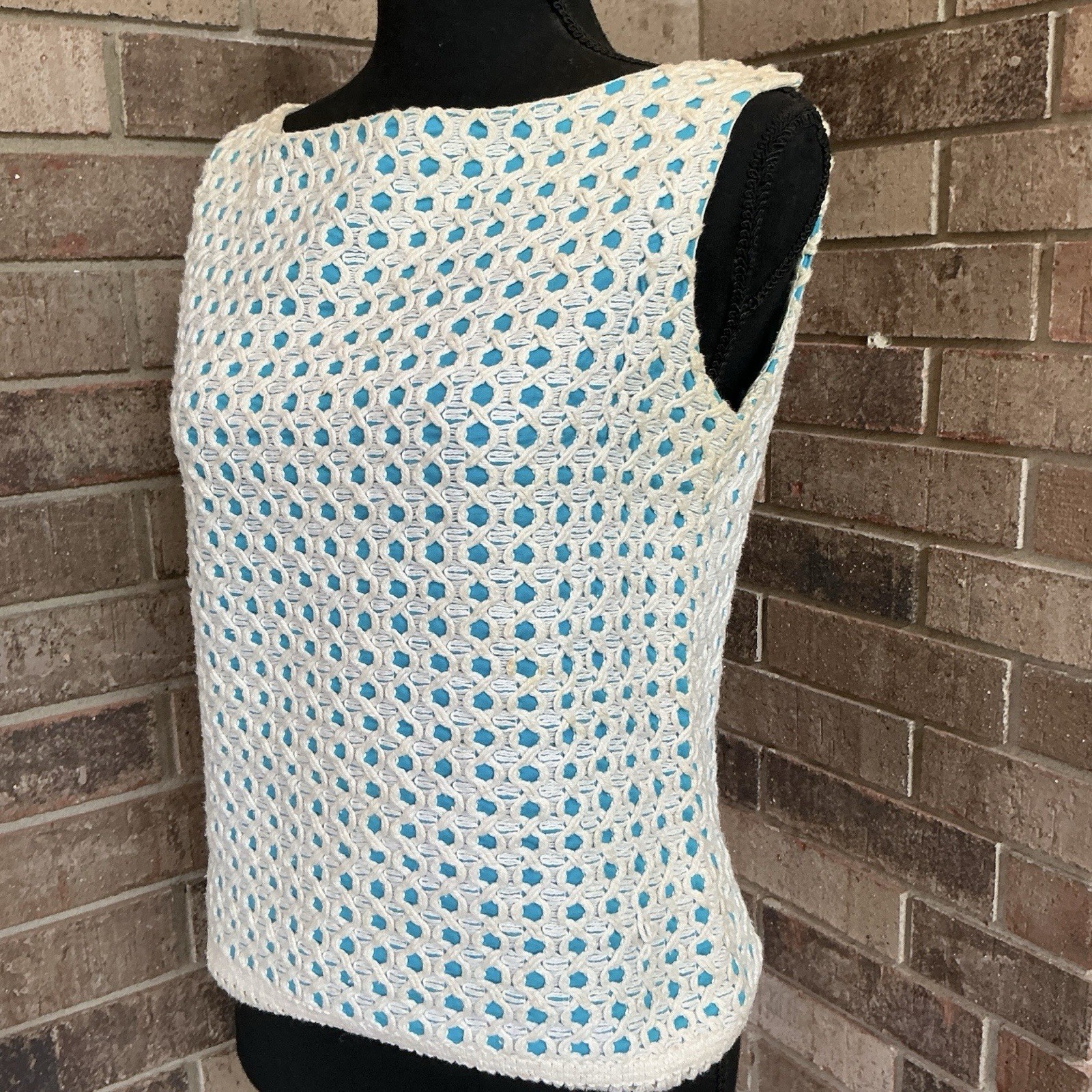 60s VTG Sally Gee Creation Cream Teal Woven Ribbon Fringe Tank Top Sz S USA 21D8