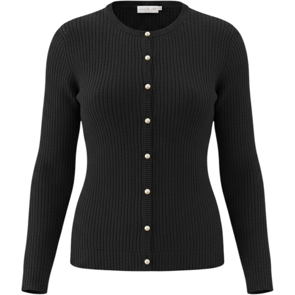 One Step Up Vintage Black Rib Knit Cardigan Wool Blend Faux Pearl Buttons Korea