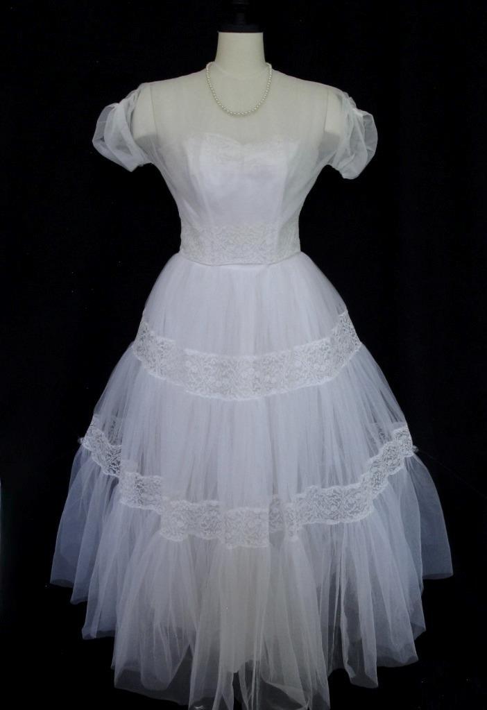 Vintage 50s Emma Domb White Tulle & Lace 2pc Wedding or Prom Dress Tiered Ruffle