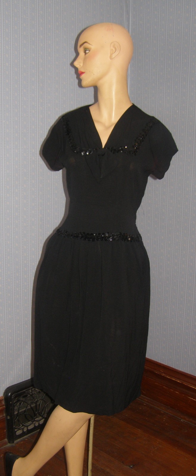 Vintage 50’s black rayon ART DECO drop waist dress SEQUIN & BOW bodice waist