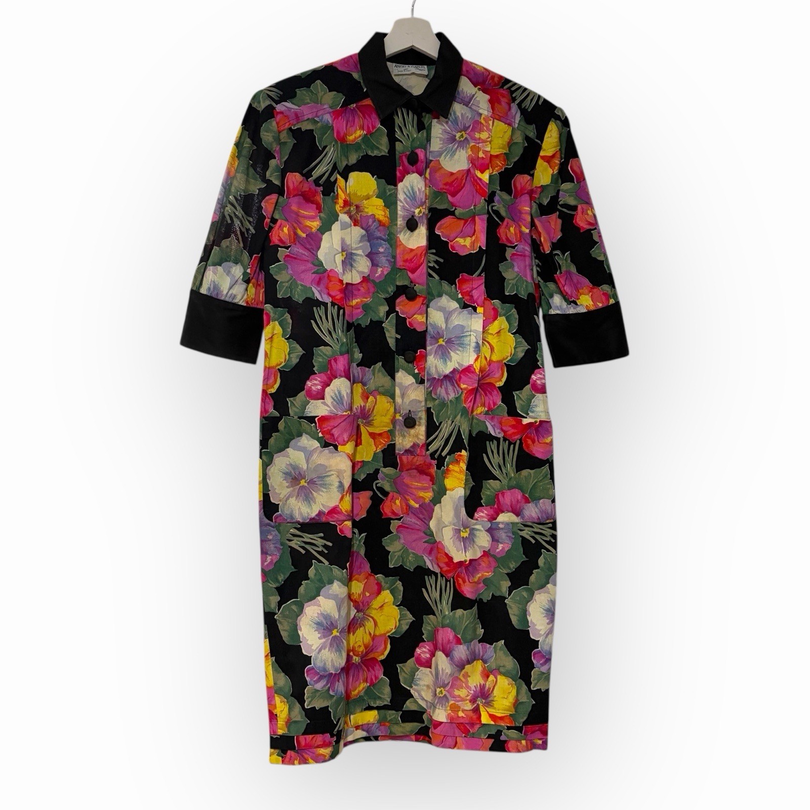 Angela Caputi Vintage Floral Shirt Dress Black Cotton Made in Italy L